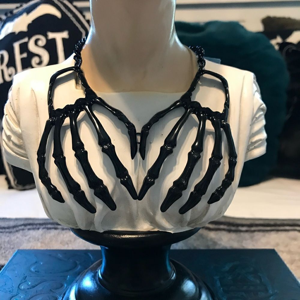 Gothic Black Skeleton Hands necklace, Adjustable chain, Engraved detailing